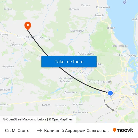 Ст. М. Святошин to Колишній Аеродром Сільгоспавіації map