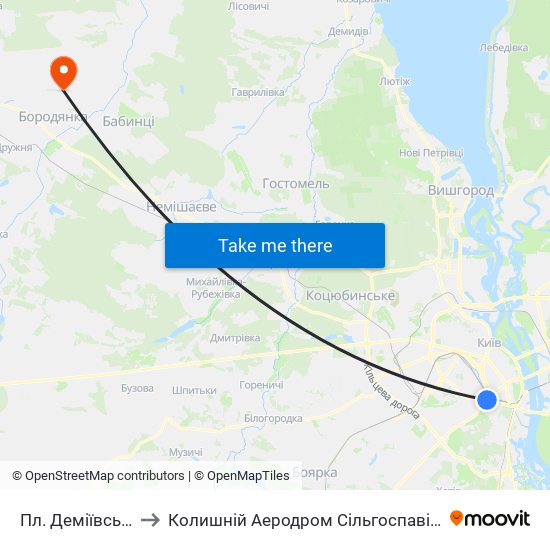 Пл. Деміївська to Колишній Аеродром Сільгоспавіації map