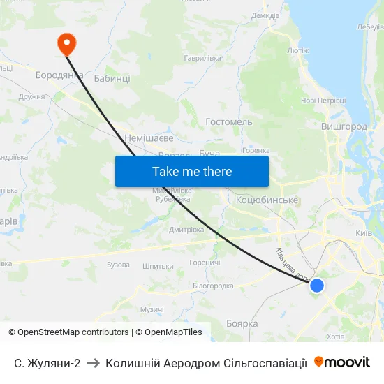 С. Жуляни-2 to Колишній Аеродром Сільгоспавіації map