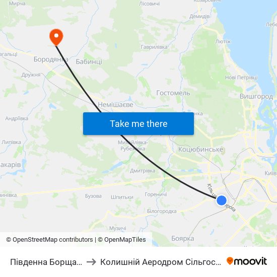 Південна Борщагівка to Колишній Аеродром Сільгоспавіації map