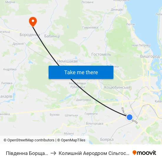 Південна Борщагівка to Колишній Аеродром Сільгоспавіації map