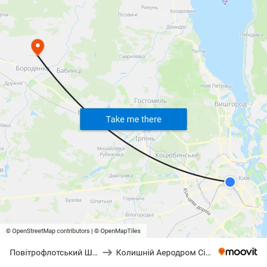 Повітрофлотський Шляхопровід to Колишній Аеродром Сільгоспавіації map