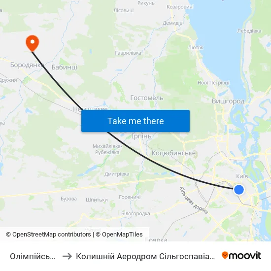 Олімпійська to Колишній Аеродром Сільгоспавіації map