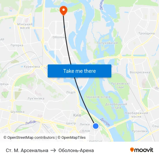 Ст. М. Арсенальна to Оболонь-Арена map