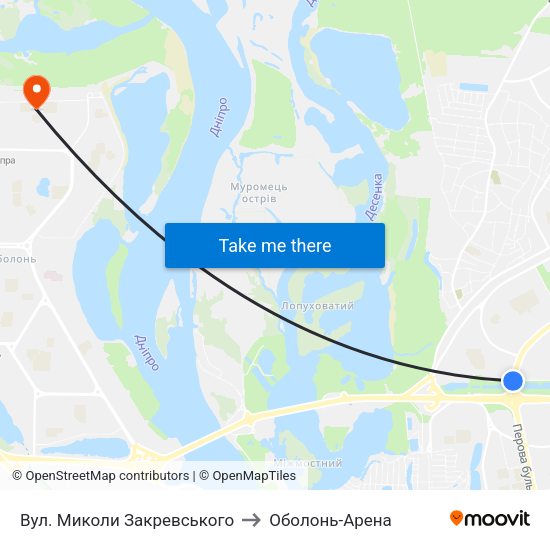 Вул. Миколи Закревського to Оболонь-Арена map