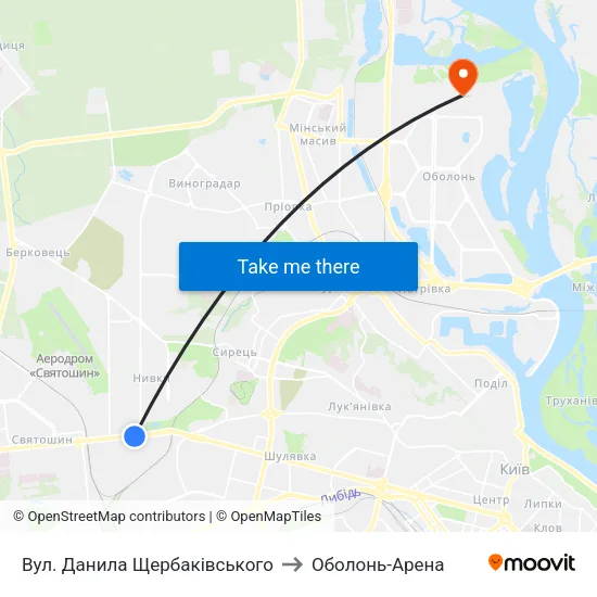Вул. Данила Щербаківського to Оболонь-Арена map