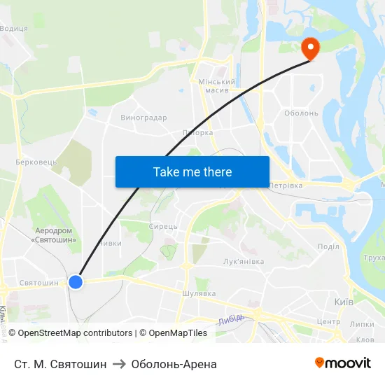 Ст. М. Святошин to Оболонь-Арена map