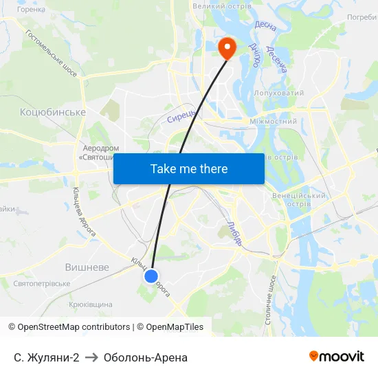 С. Жуляни-2 to Оболонь-Арена map