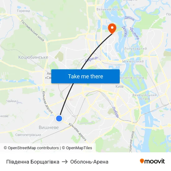 Південна Борщагівка to Оболонь-Арена map