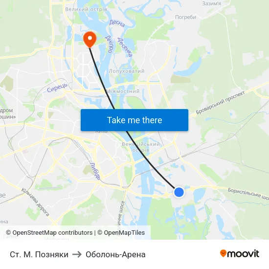 Ст. М. Позняки to Оболонь-Арена map