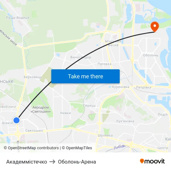 Академмістечко to Оболонь-Арена map