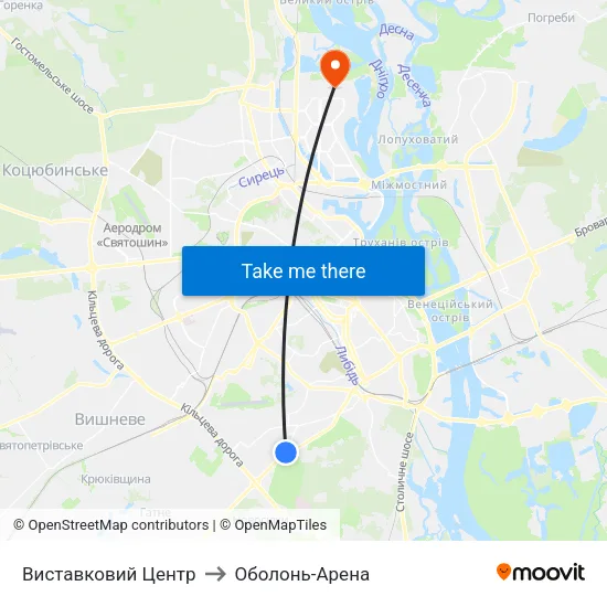 Виставковий Центр to Оболонь-Арена map