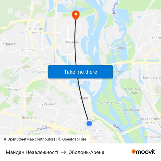 Майдан Незалежності to Оболонь-Арена map