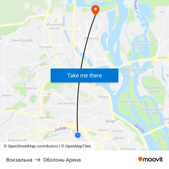 Вокзальна to Оболонь-Арена map