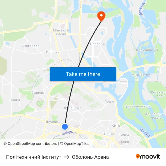 Політехнічний Інститут to Оболонь-Арена map