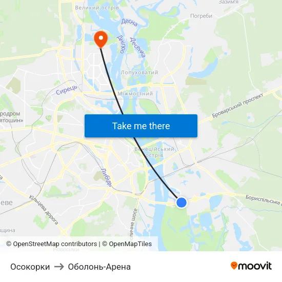 Осокорки to Оболонь-Арена map