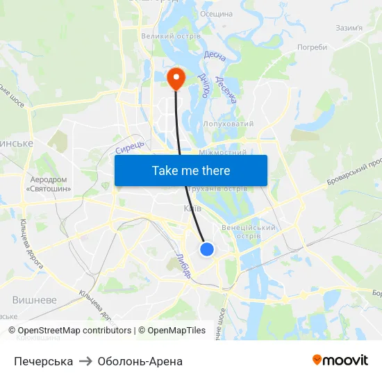 Печерська to Оболонь-Арена map