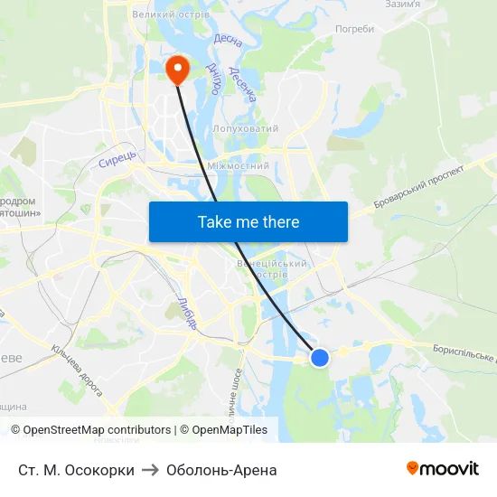 Ст. М. Осокорки to Оболонь-Арена map