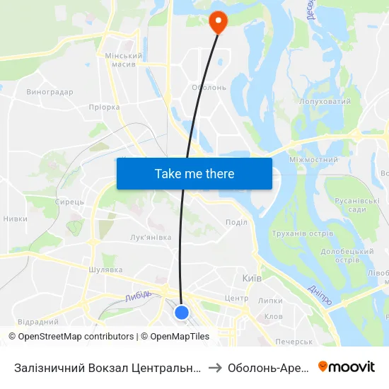 Залізничний Вокзал Центральний to Оболонь-Арена map
