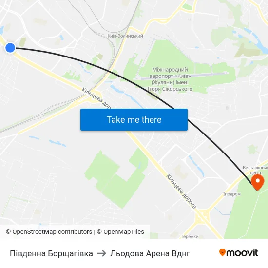 Південна Борщагівка to Льодова Арена Вднг map