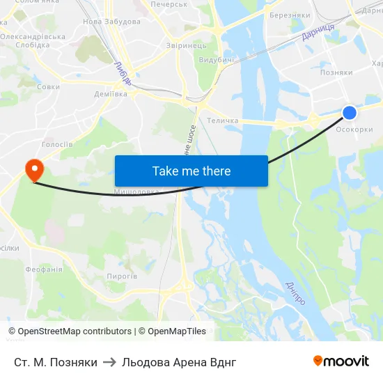 Ст. М. Позняки to Льодова Арена Вднг map