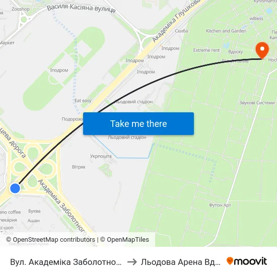 Вул. Академіка Заболотного to Льодова Арена Вднг map