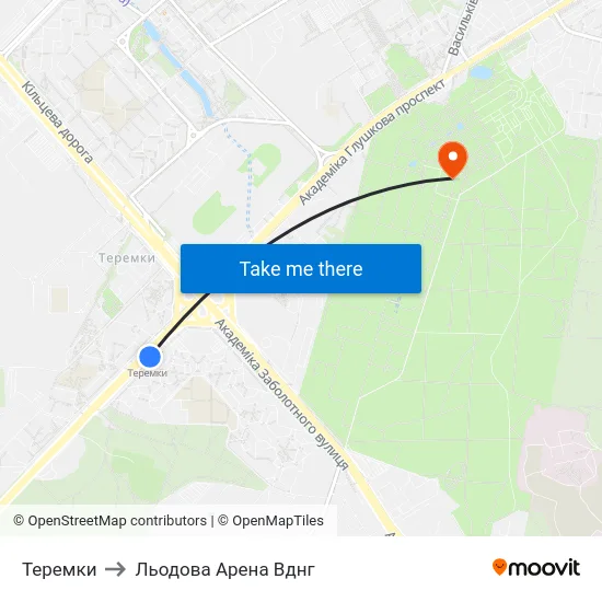 Теремки to Льодова Арена Вднг map
