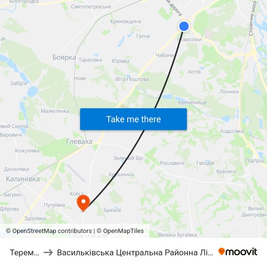 Теремки to Васильківська Центральна Районна Лікарня map