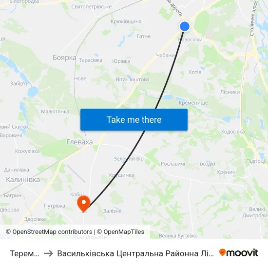 Теремки to Васильківська Центральна Районна Лікарня map
