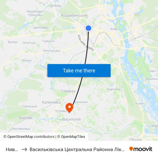 Нивки to Васильківська Центральна Районна Лікарня map