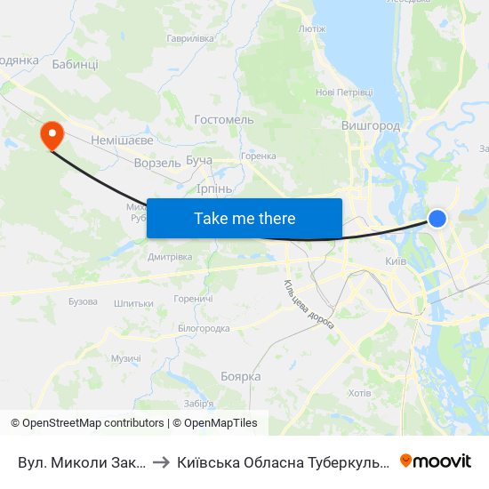 Вул. Миколи Закревського to Київська Обласна Туберкульозна Лікарня №2 map