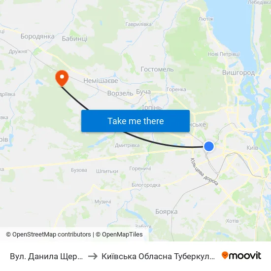 Вул. Данила Щербаківського to Київська Обласна Туберкульозна Лікарня №2 map