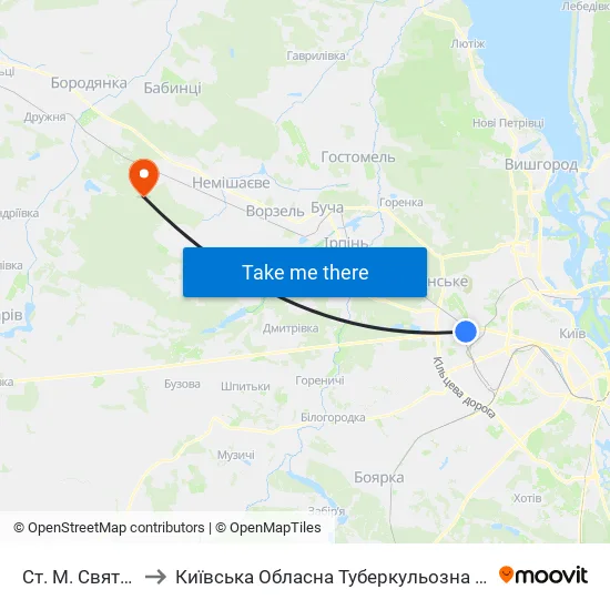Ст. М. Святошин to Київська Обласна Туберкульозна Лікарня №2 map