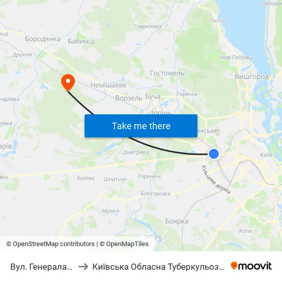 Вул. Генерала Вітрука to Київська Обласна Туберкульозна Лікарня №2 map