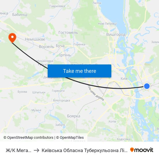 Ж/К Мега-Сiтi to Київська Обласна Туберкульозна Лікарня №2 map
