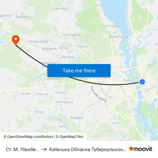 Ст. М. Лівобережна to Київська Обласна Туберкульозна Лікарня №2 map