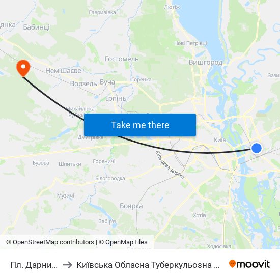 Пл. Дарницька to Київська Обласна Туберкульозна Лікарня №2 map
