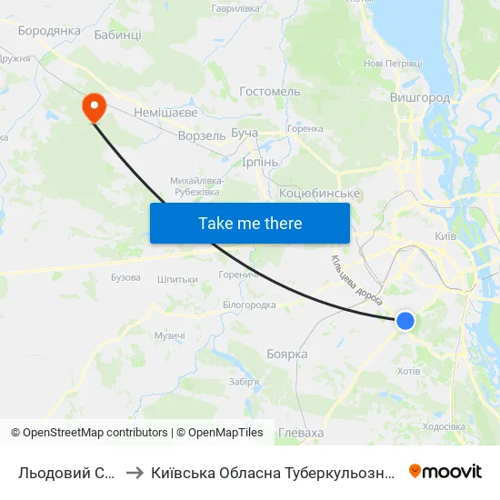 Льодовий Стадіон to Київська Обласна Туберкульозна Лікарня №2 map