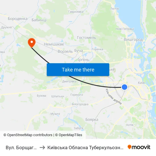 Вул. Борщагівська to Київська Обласна Туберкульозна Лікарня №2 map