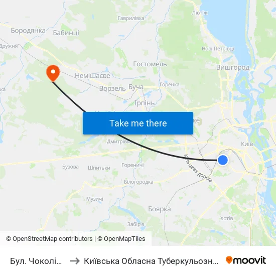 Бул. Чоколівський to Київська Обласна Туберкульозна Лікарня №2 map