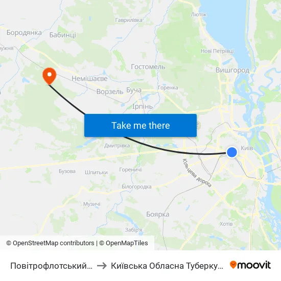 Повітрофлотський Шляхопровід to Київська Обласна Туберкульозна Лікарня №2 map