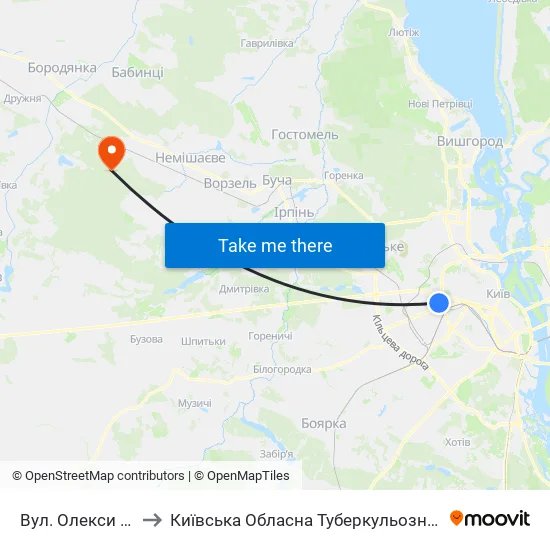 Вул. Олекси Тихого to Київська Обласна Туберкульозна Лікарня №2 map