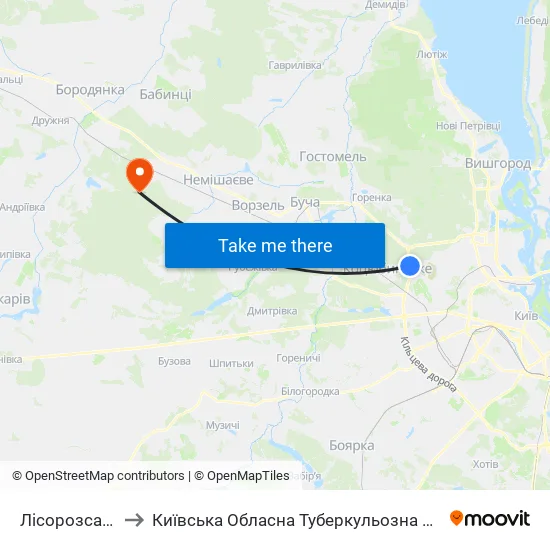Лісорозсадник to Київська Обласна Туберкульозна Лікарня №2 map