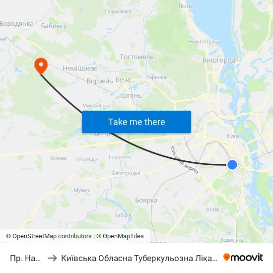 Пр. Науки to Київська Обласна Туберкульозна Лікарня №2 map