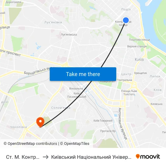 Ст. М. Контрактова Площа to Київський Національний Університет Будівництва І Архітектури map