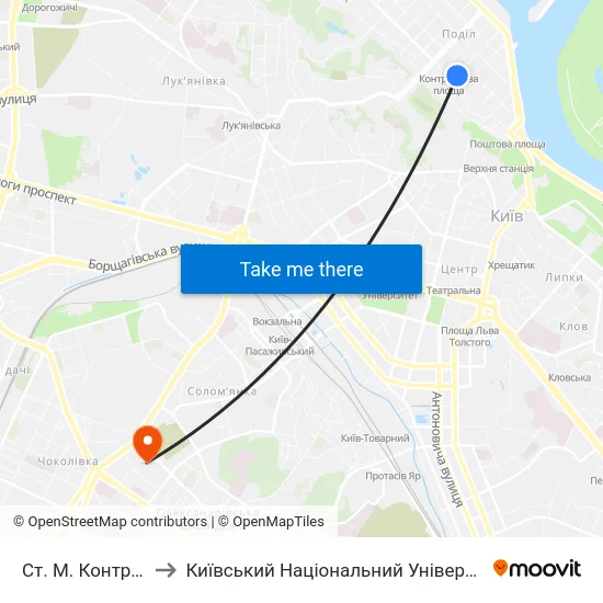Ст. М. Контрактова Площа to Київський Національний Університет Будівництва І Архітектури map