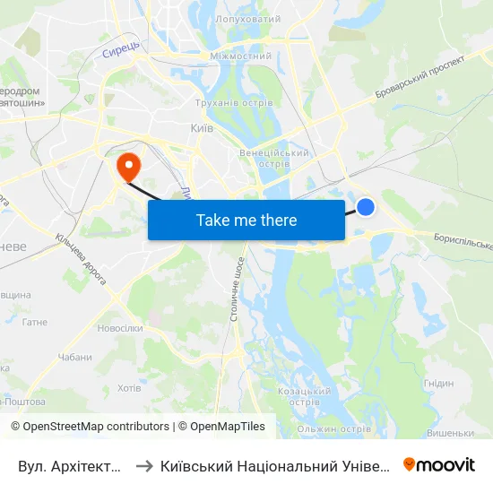 Вул. Архітектора Вербицького to Київський Національний Університет Будівництва І Архітектури map