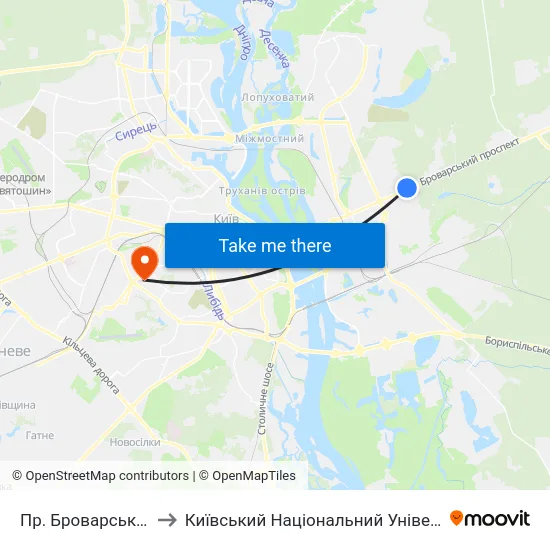 Пр. Броварський (Ст. М. Лісова) to Київський Національний Університет Будівництва І Архітектури map