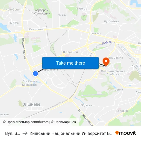 Вул. Зодчих to Київський Національний Університет Будівництва І Архітектури map