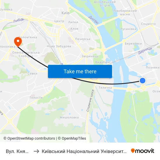 Вул. Княжий Затон to Київський Національний Університет Будівництва І Архітектури map